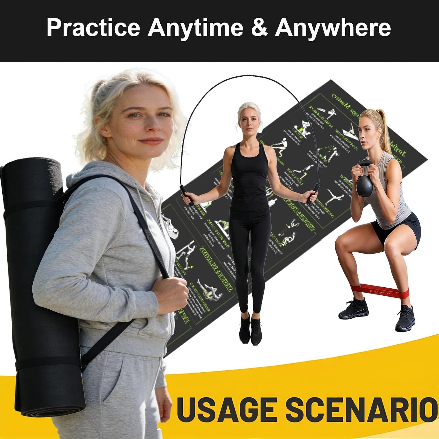 Yoga Mat with Resistance Bands and Weighted Jump Rope Combo