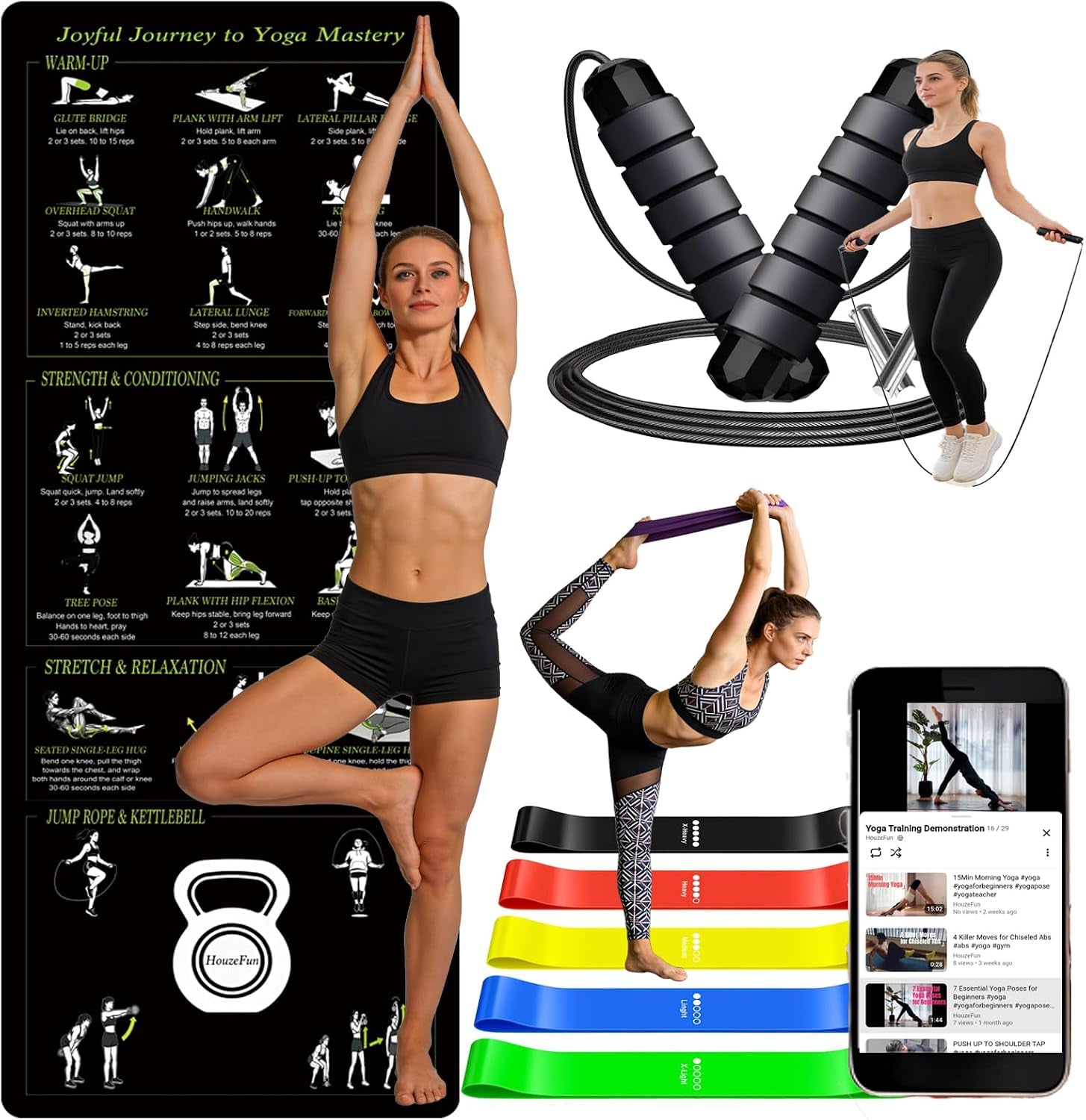 Yoga Mat with Resistance Bands and Weighted Jump Rope Combo