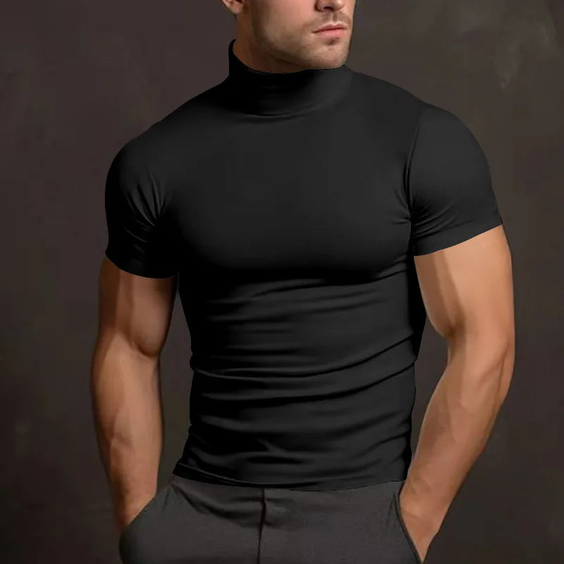 Cross-Border Amazon 2024 Summer Solid Color Short-Sleeved Fashion Bottoming Shirt Men'S Tight Turtleneck T-Shirt